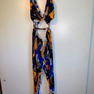 Tie-dye blue and yellow jumpsuit